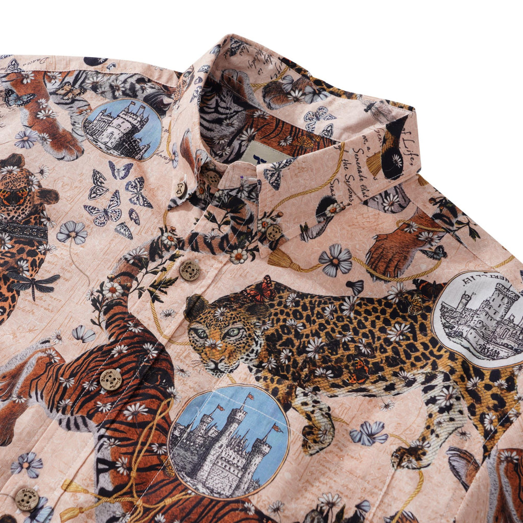 Men's Hawaiian Shirt Short Sleeve Button-down 100% Cotton Beige Aloha Wild Romance By Zeke