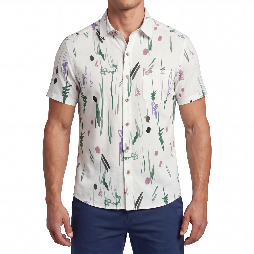 LeosWare® Men's Hawaiian Shirt Short Sleeve Button-up 100% Cotton Green Aloha Whimsical Traces By Patch