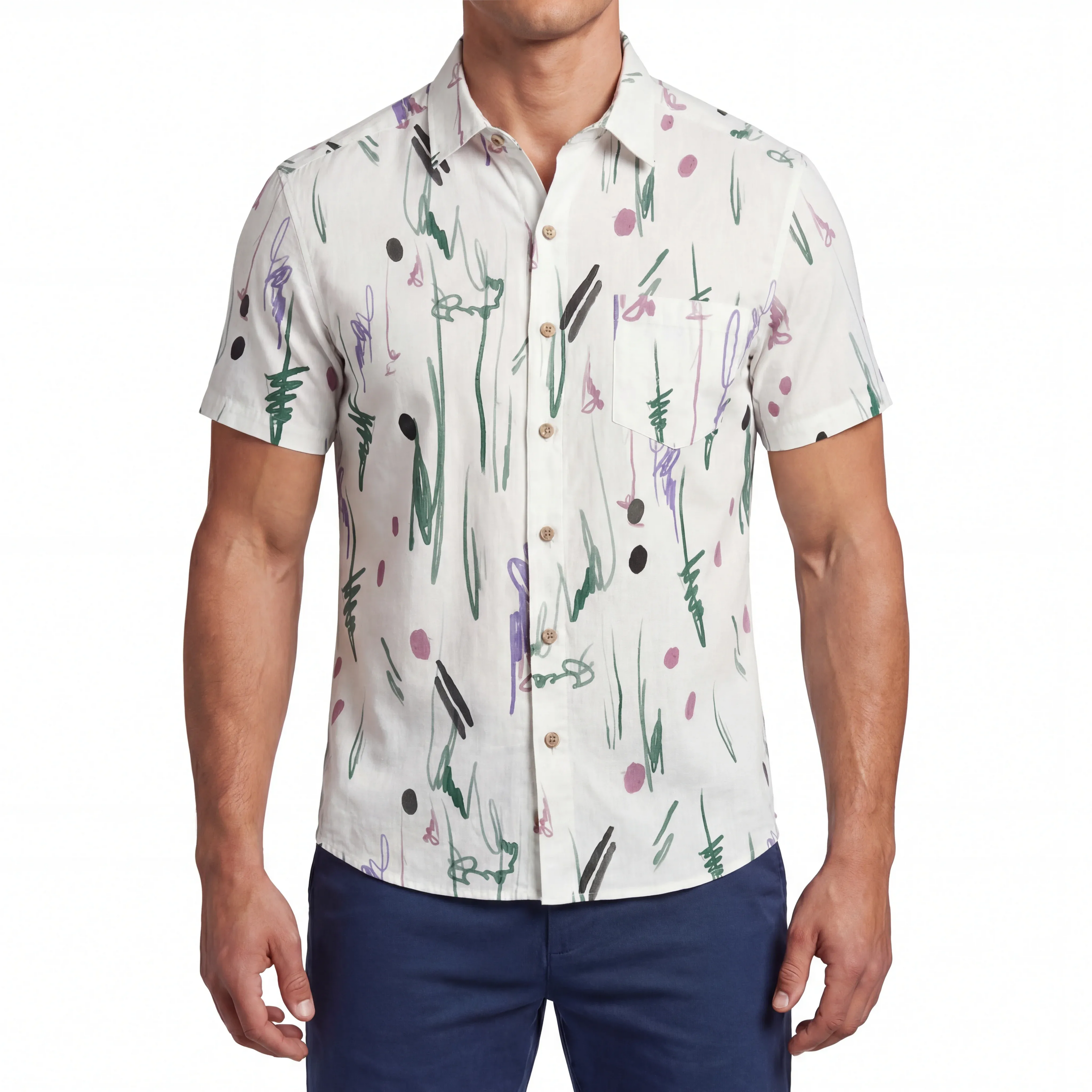 LeosWare® Men's Hawaiian Shirt Short Sleeve Button-up 100% Cotton Green Aloha Whimsical Traces By Patch