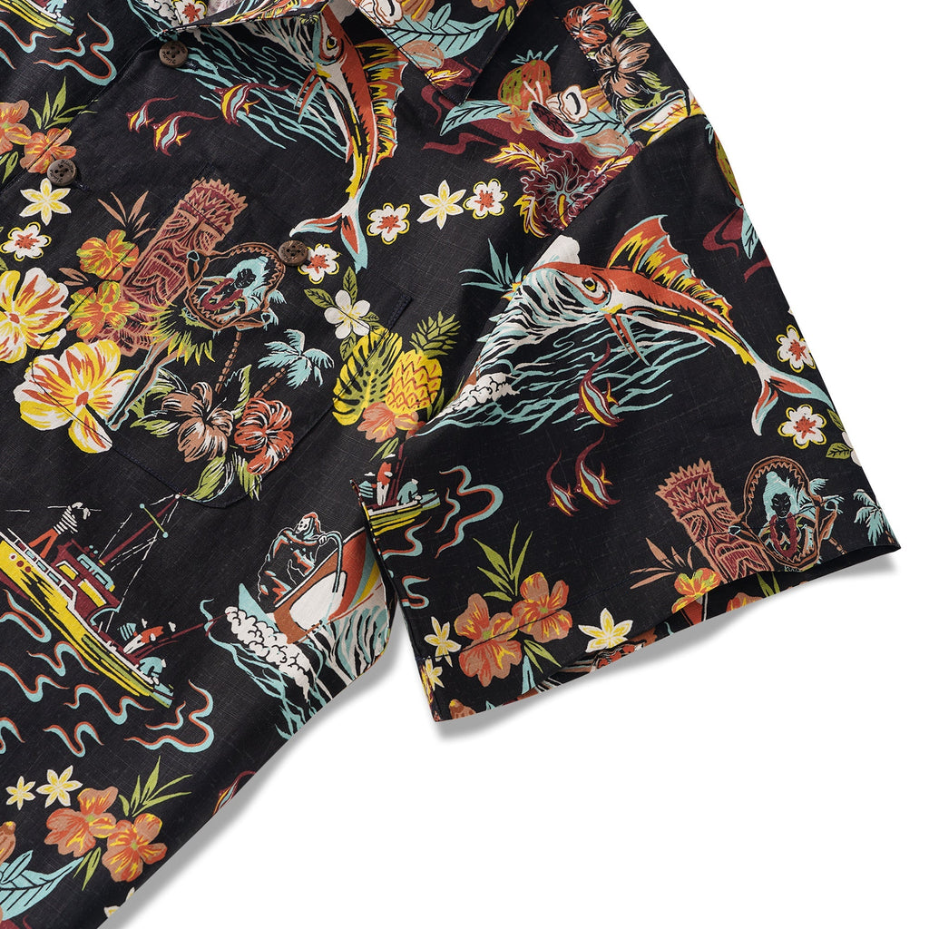 Tiki Men's Vintage Hawaiian Shirt Black Tiki Shirt Short Sleeve Camp Collar 100% Cotton Aloha Shirt Vintage Aloha By Sun