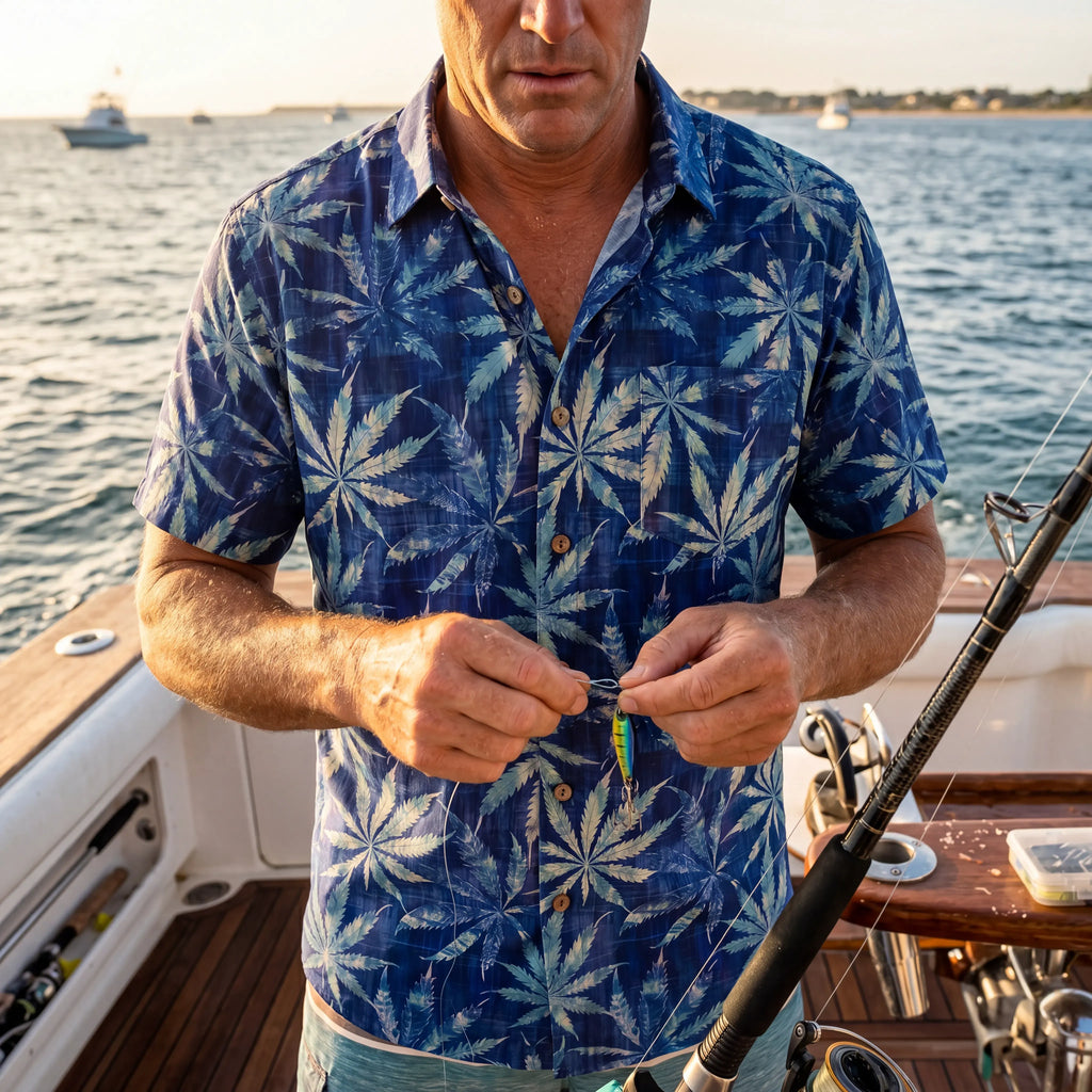 LeosWare® Leaf Men's Hawaiian Shirt Short Sleeve Button-up 100% Cotton Blue Aloha Indigo Dyed Leaves By Ann