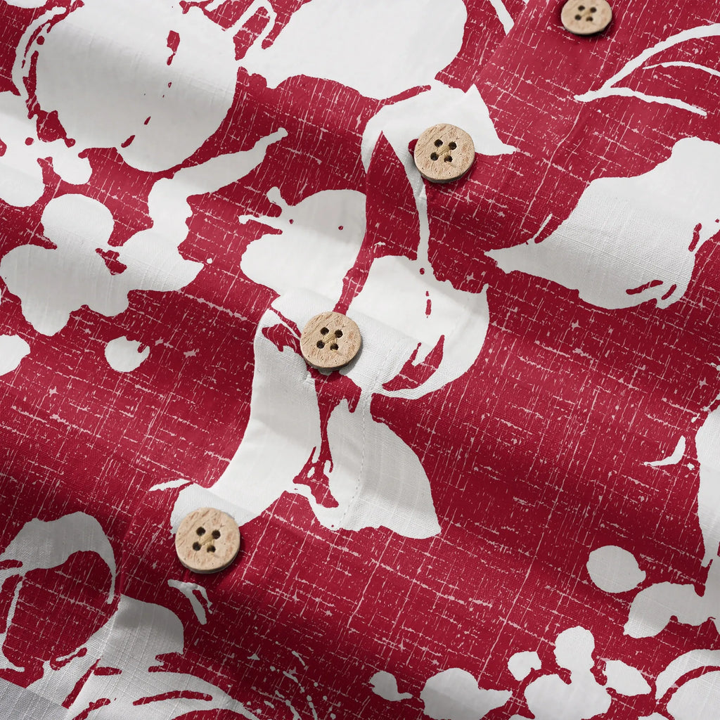 LeosWare® Flower Men's Hawaiian Shirt Short Sleeve Button-up 100% Cotton Red Aloha Crimson Blossom Harmony By Ann
