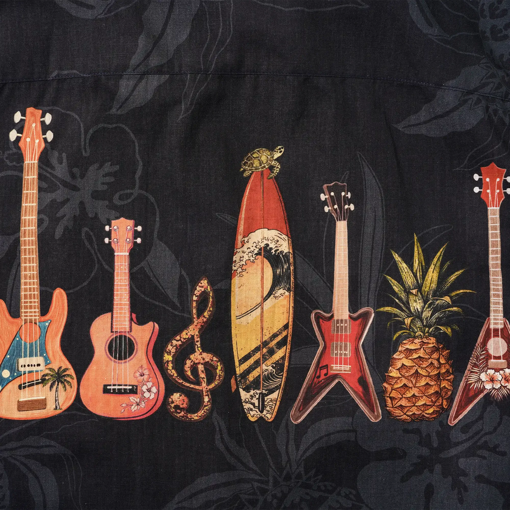 Music Men's Hawaiian Shirt Short Sleeve Camp Collar 100% Cotton Black Aloha Island Serenade By Mo