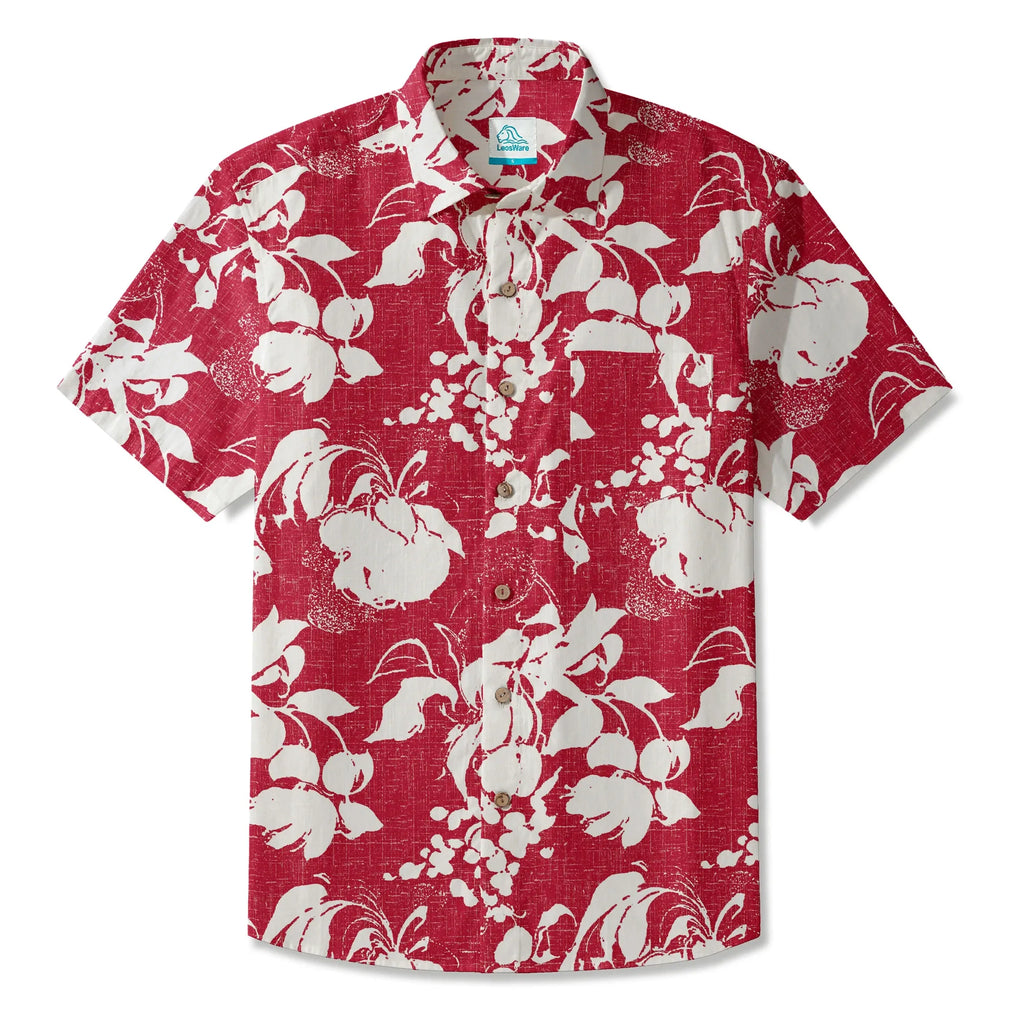 LeosWare® Flower Men's Hawaiian Shirt Short Sleeve Button-up 100% Cotton Red Aloha Crimson Blossom Harmony By Ann