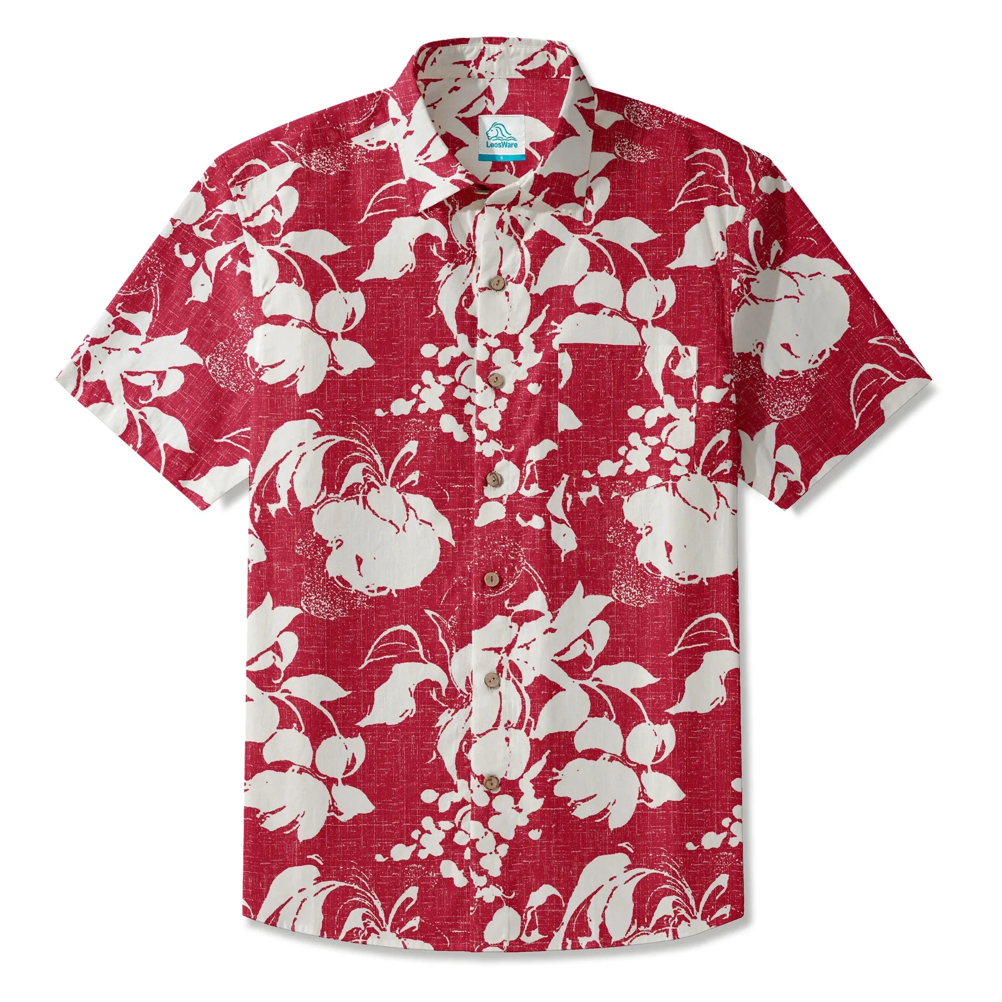 LeosWare® Flower Men's Hawaiian Shirt Short Sleeve Button-up 100% Cotton Red Aloha Crimson Blossom Harmony By Ann