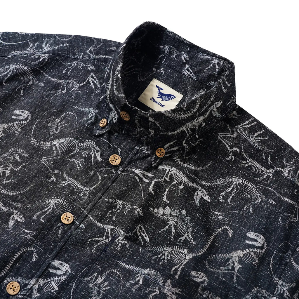Men's Hawaiian Shirt Short Sleeve Button-down 100% Cotton Black Aloha Dinosaur Fossil Imprint By DUDU