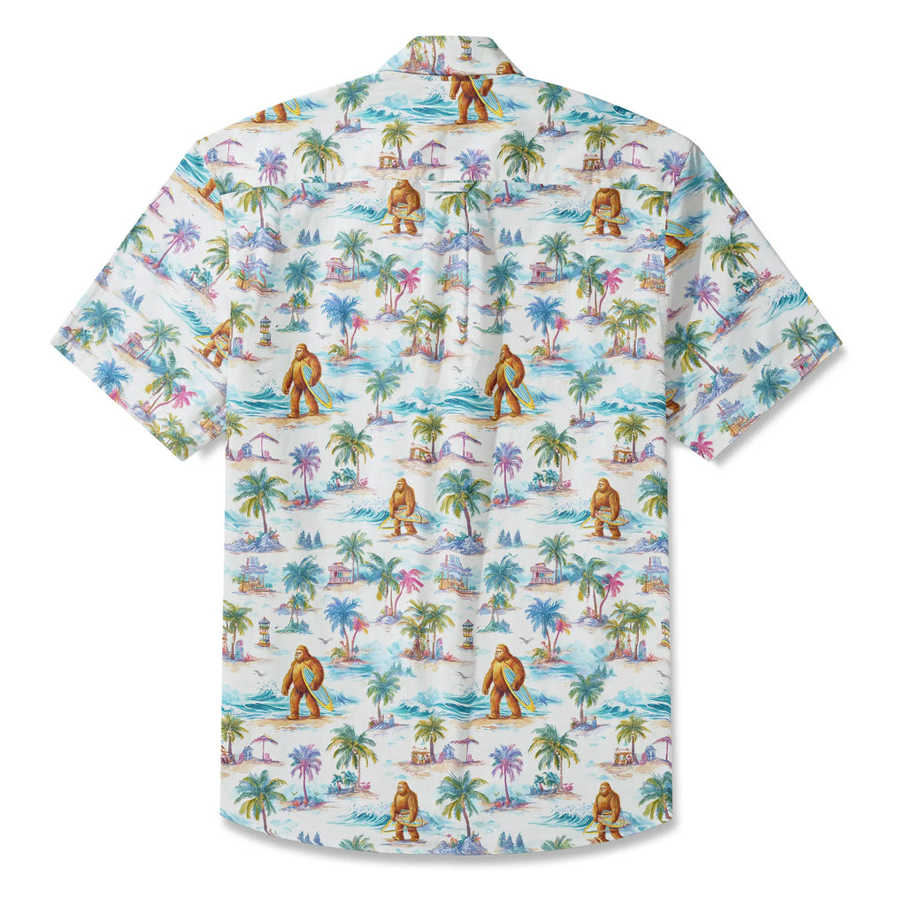 LeosWare® Men's Hawaiian Shirt Short Sleeve Button-up 100% Cotton White Aloha Surfing Vacation Of Bigfoot By Ann