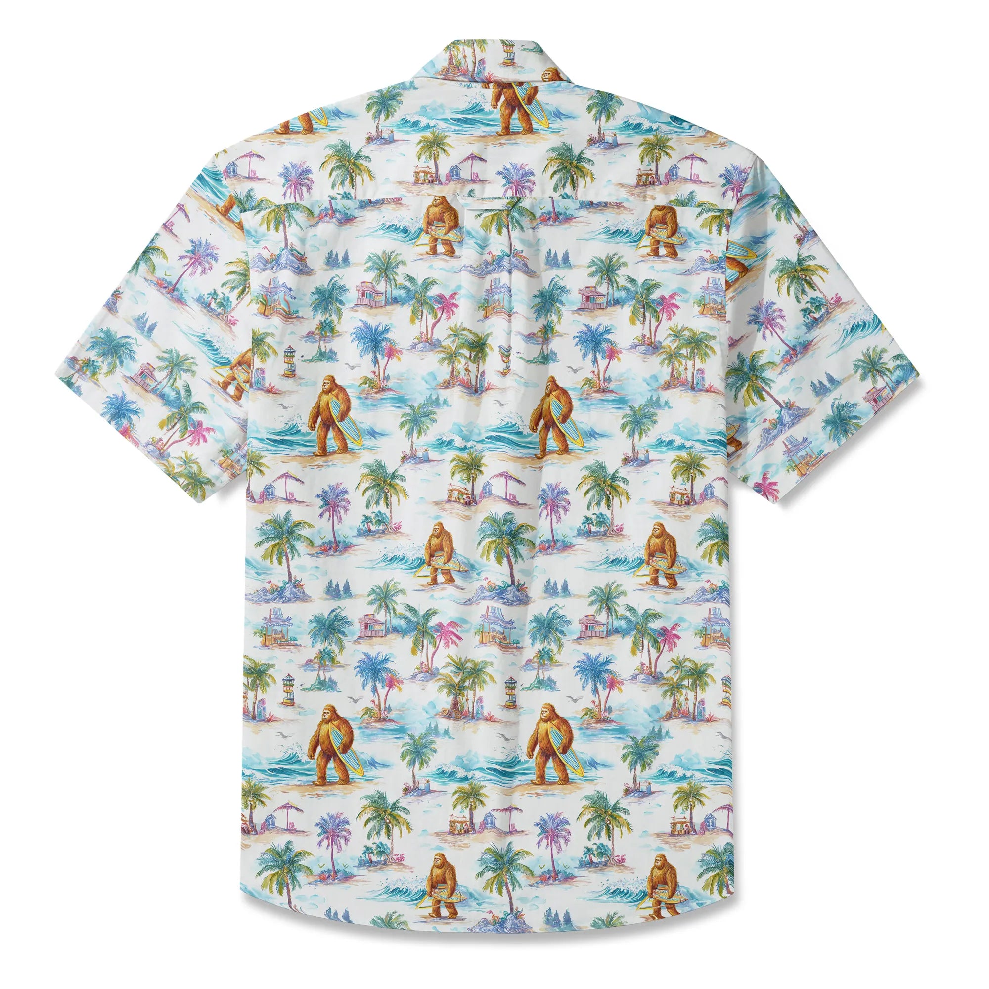 LeosWare® Men's Hawaiian Shirt Short Sleeve Button-up 100% Cotton White Aloha Surfing Vacation Of Bigfoot By Ann