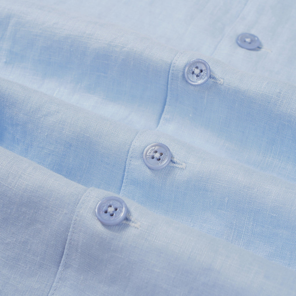 Men's Basic Shirt Short Sleeve Camp Collar 100% Linen Light Blue Solid Color