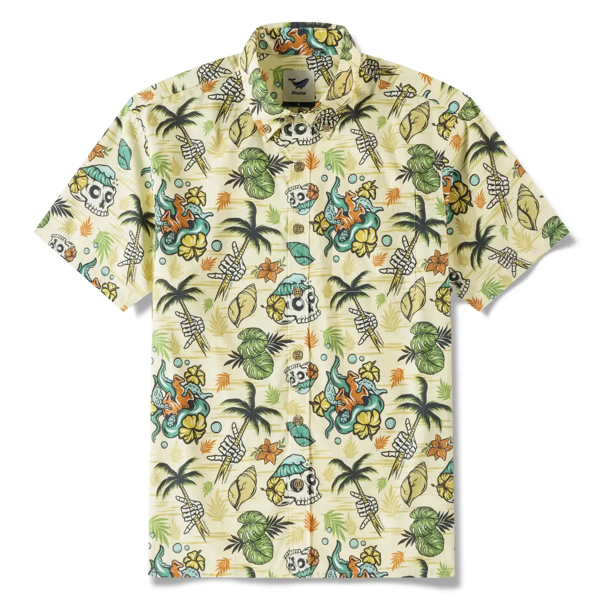 Men's Tropical Hawaiian Shirt 1990s Vintage Skull Shirt Short Sleeve Button-down100% Cotton Green Shirt Aloha Tropical Wilderness Skull By Laihha Organna