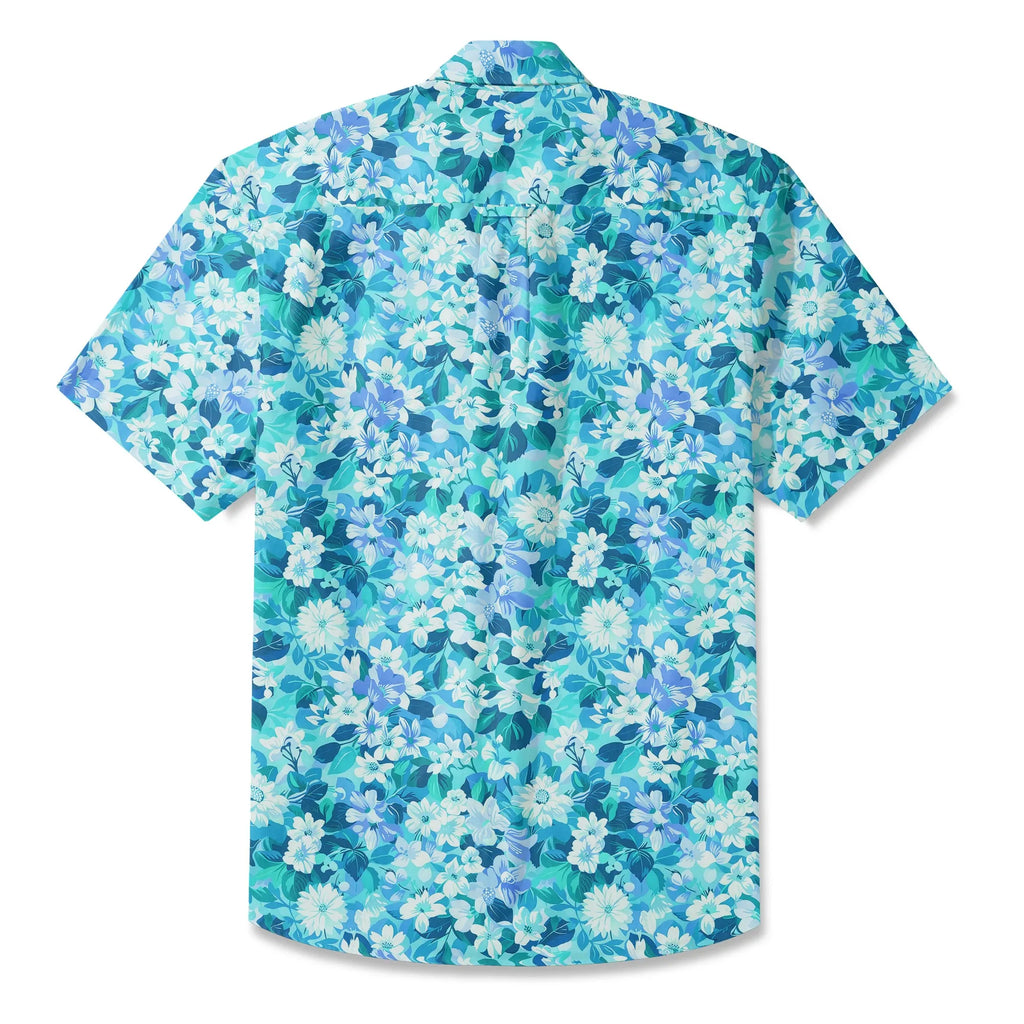 LeosWare® Flower Men's Hawaiian Shirt Short Sleeve Button-up 100% Cotton Blue Aloha Blue Oasis By Ann