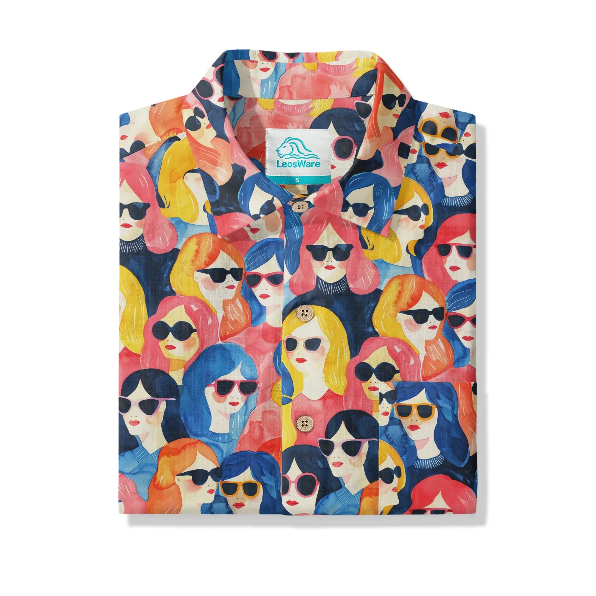 LeosWare® Men's Hawaiian Shirt Short Sleeve Button-up 100% Cotton Aloha Sunglasses Girl Party By Ann