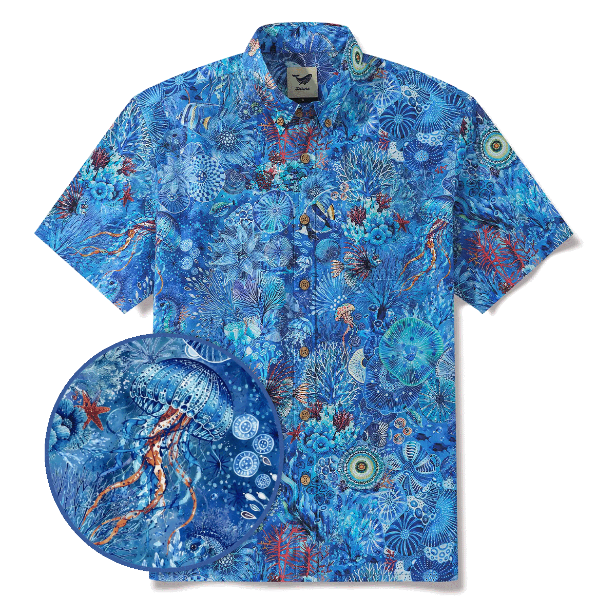 Men's Hawaiian Shirt Short Sleeve Button-down 100% Cotton Blue Aloha Watercolor Undersea Reverie By Cigar