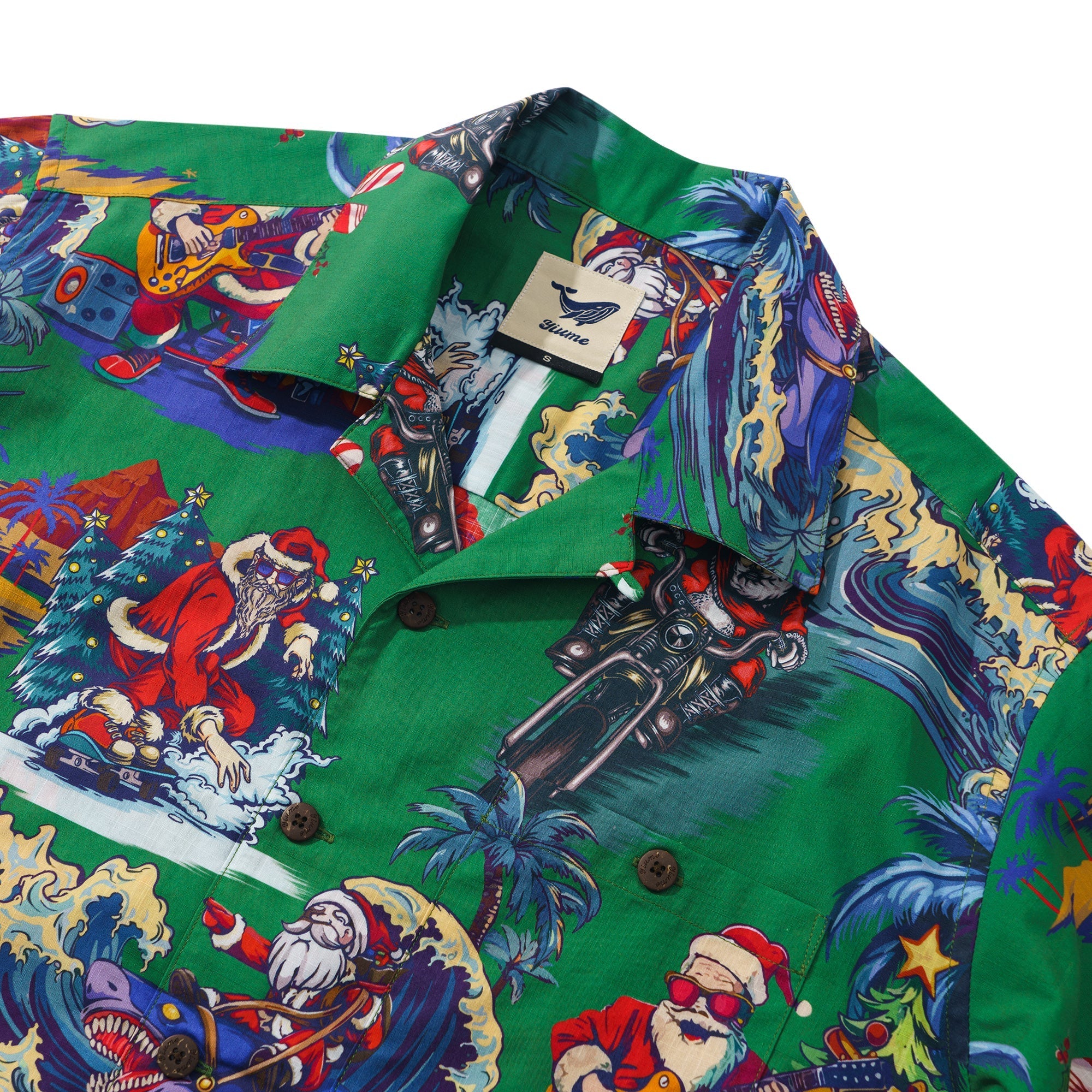 Christmas Santa Claus in Hawaii 100% Cotton Men's Aloha Hawaiian Short Sleeve Camp Collar Shirt By Yana