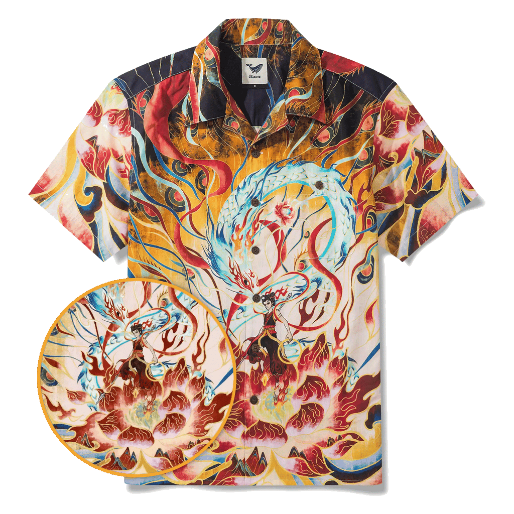 Men's Hawaiian Shirt Short Sleeve Camp Collar 100% Cotton Blue Aloha Nezha Conquers the Dragon King Eastern Legend By Huan huan