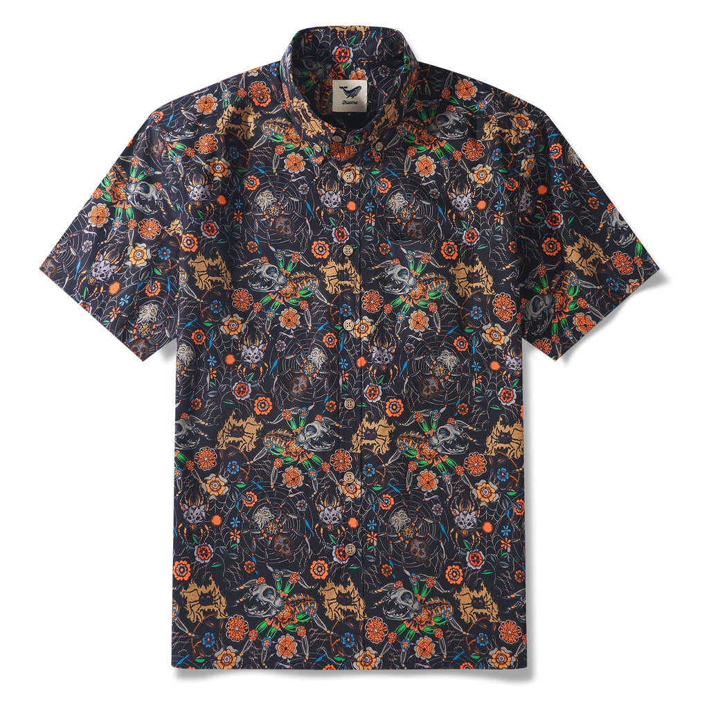 Halloween Gift Men's Hawaiian Shirt Short Sleeve Button-down 100% Cotton Black Aloha Spider Cat By Sophia
