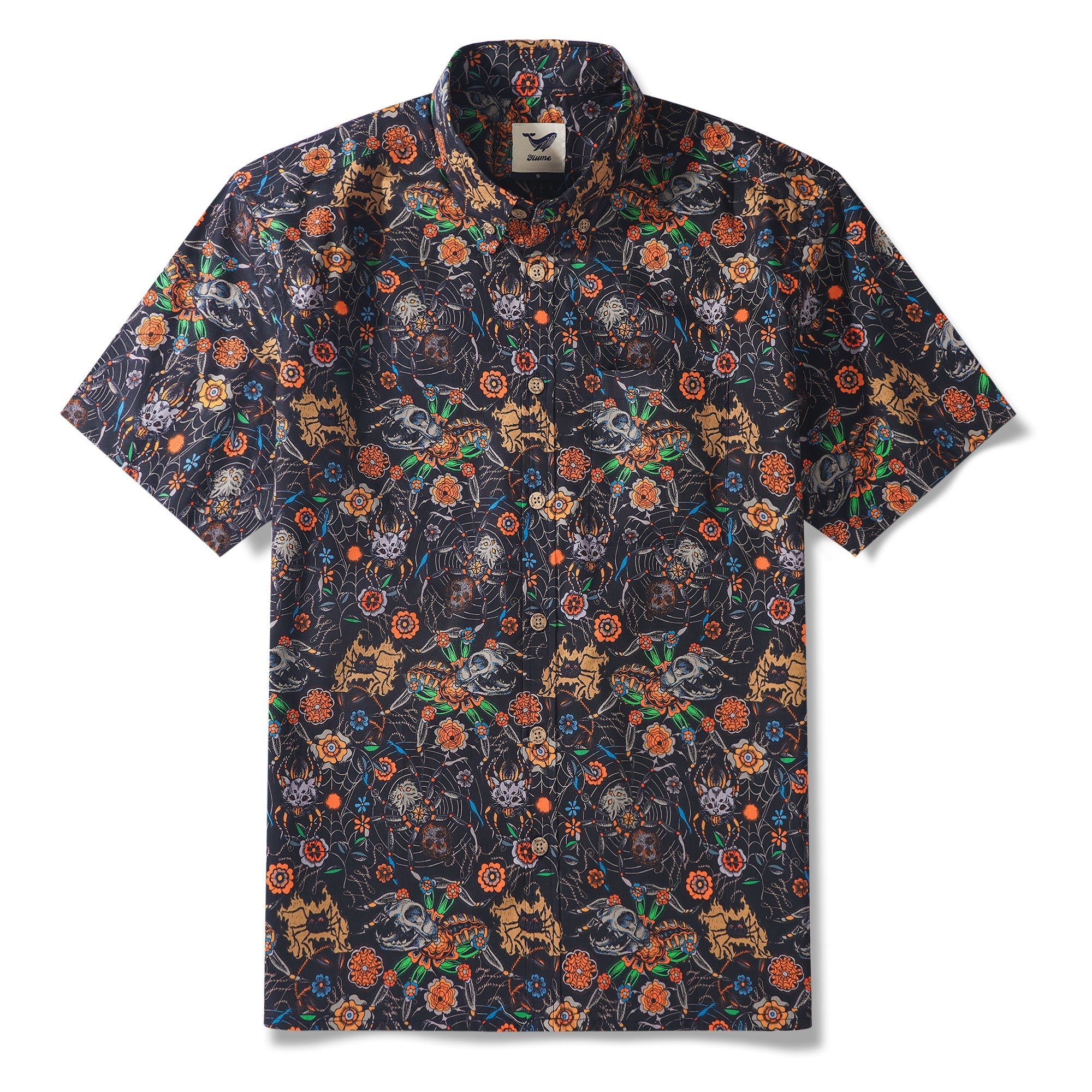 Halloween Gift Men's Hawaiian Shirt Short Sleeve Button-down 100% Cotton Black Aloha Spider Cat By Sophia