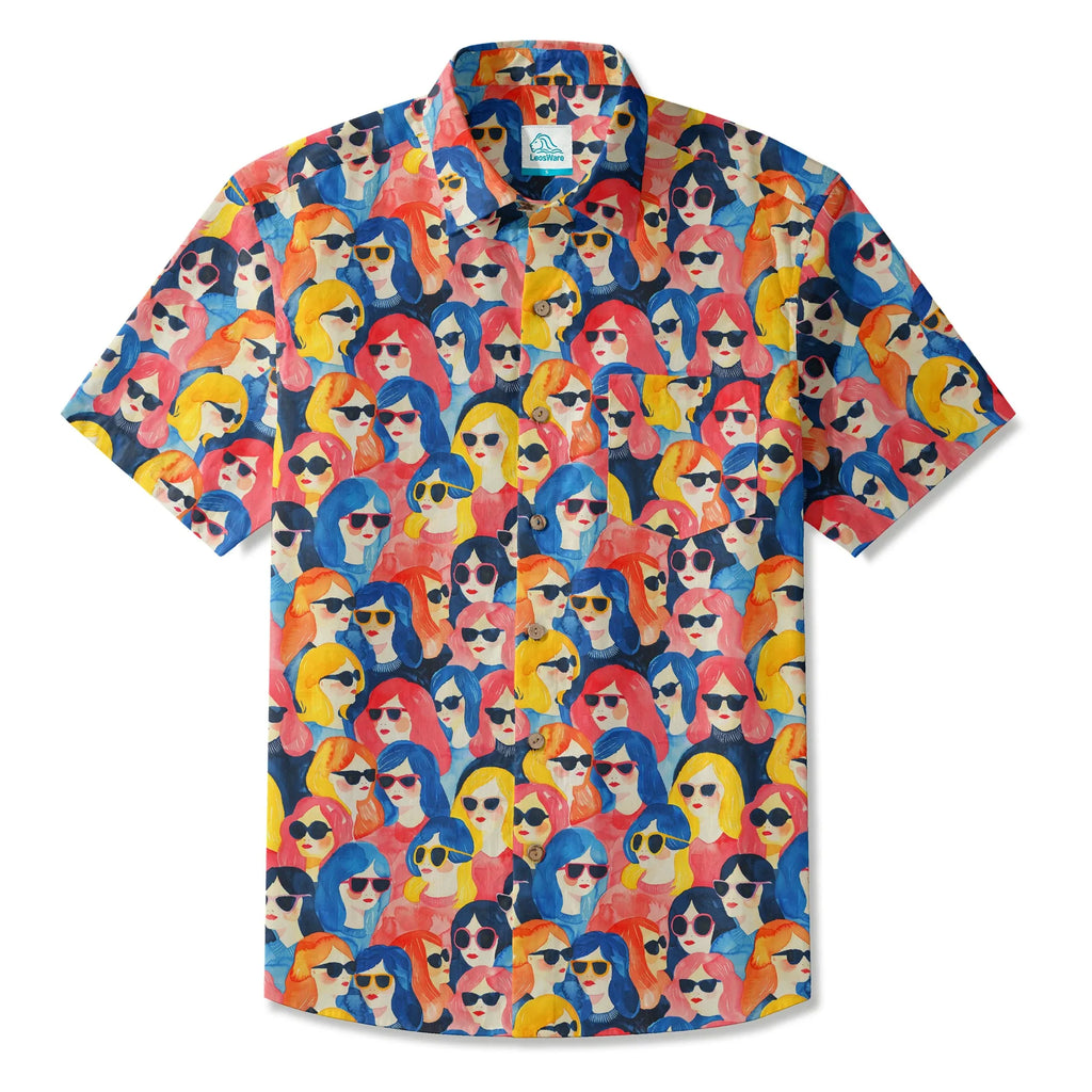 LeosWare® Men's Hawaiian Shirt Short Sleeve Button-up 100% Cotton Aloha Sunglasses Girl Party By Ann