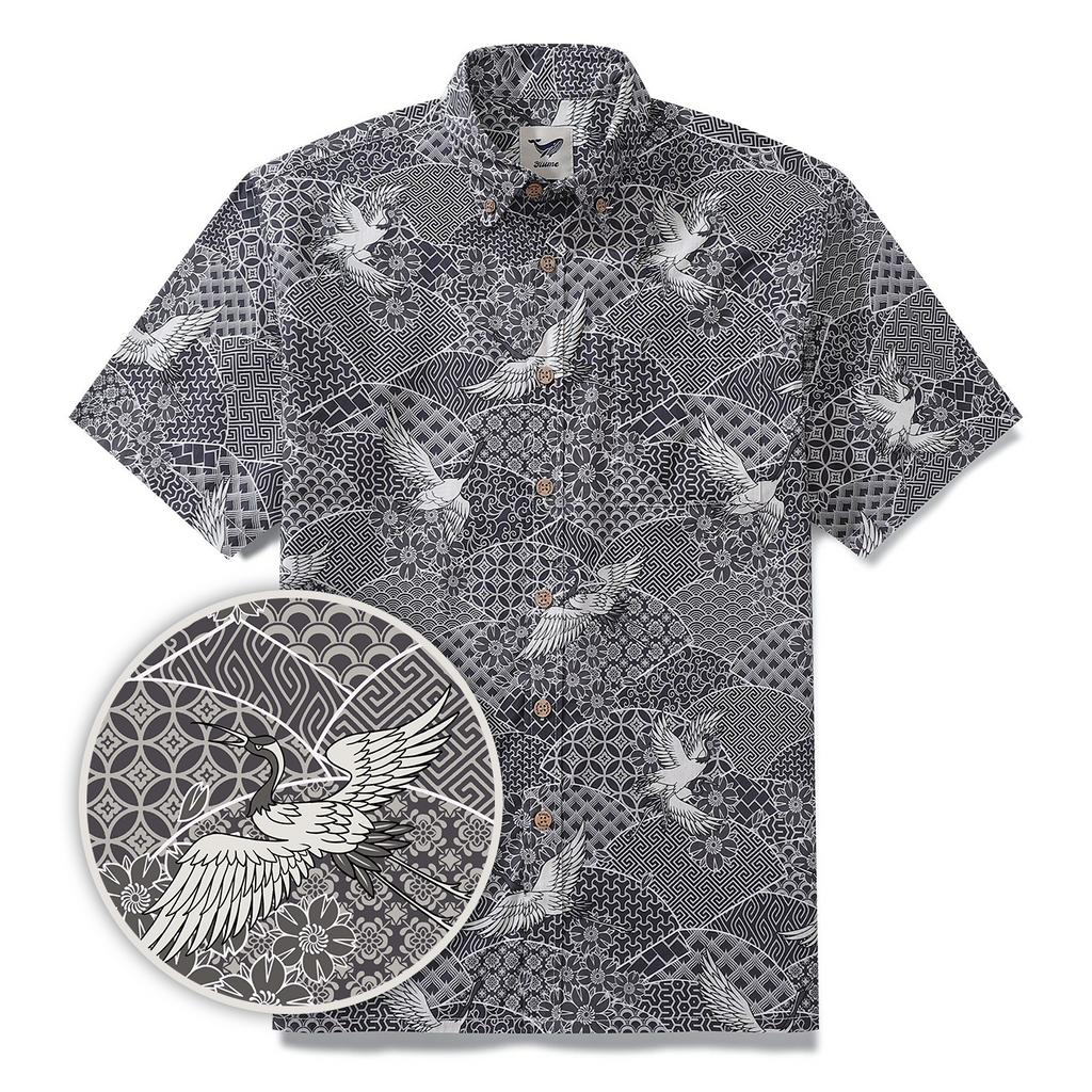 Gray Crane Shirt For Men Cotton Hawaiian Shirt Fun Aloha Shirt Button-down Short Sleeve Shirt Soaring Crane Auspicious By Sun