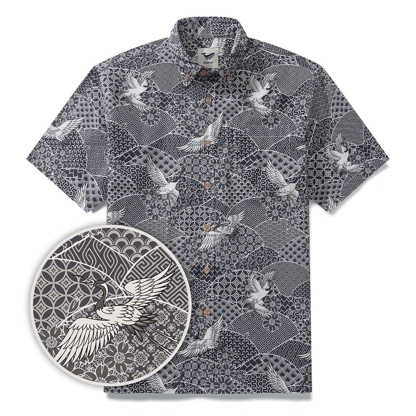 Gray Crane Shirt For Men Cotton Hawaiian Shirt Fun Aloha Shirt Button-down Short Sleeve Shirt Soaring Crane Auspicious By Sun