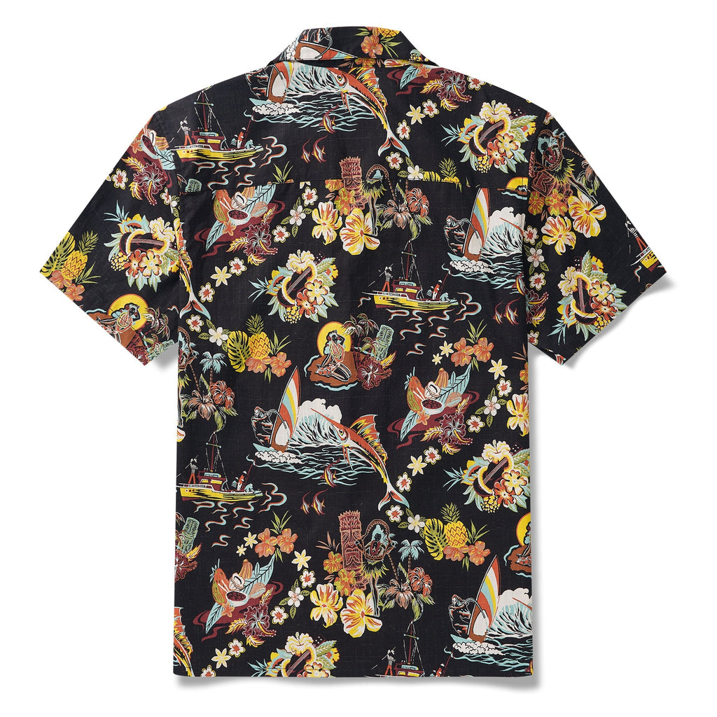 Tiki Men's Vintage Hawaiian Shirt Black Tiki Shirt Short Sleeve Camp Collar 100% Cotton Aloha Shirt Vintage Aloha By Sun
