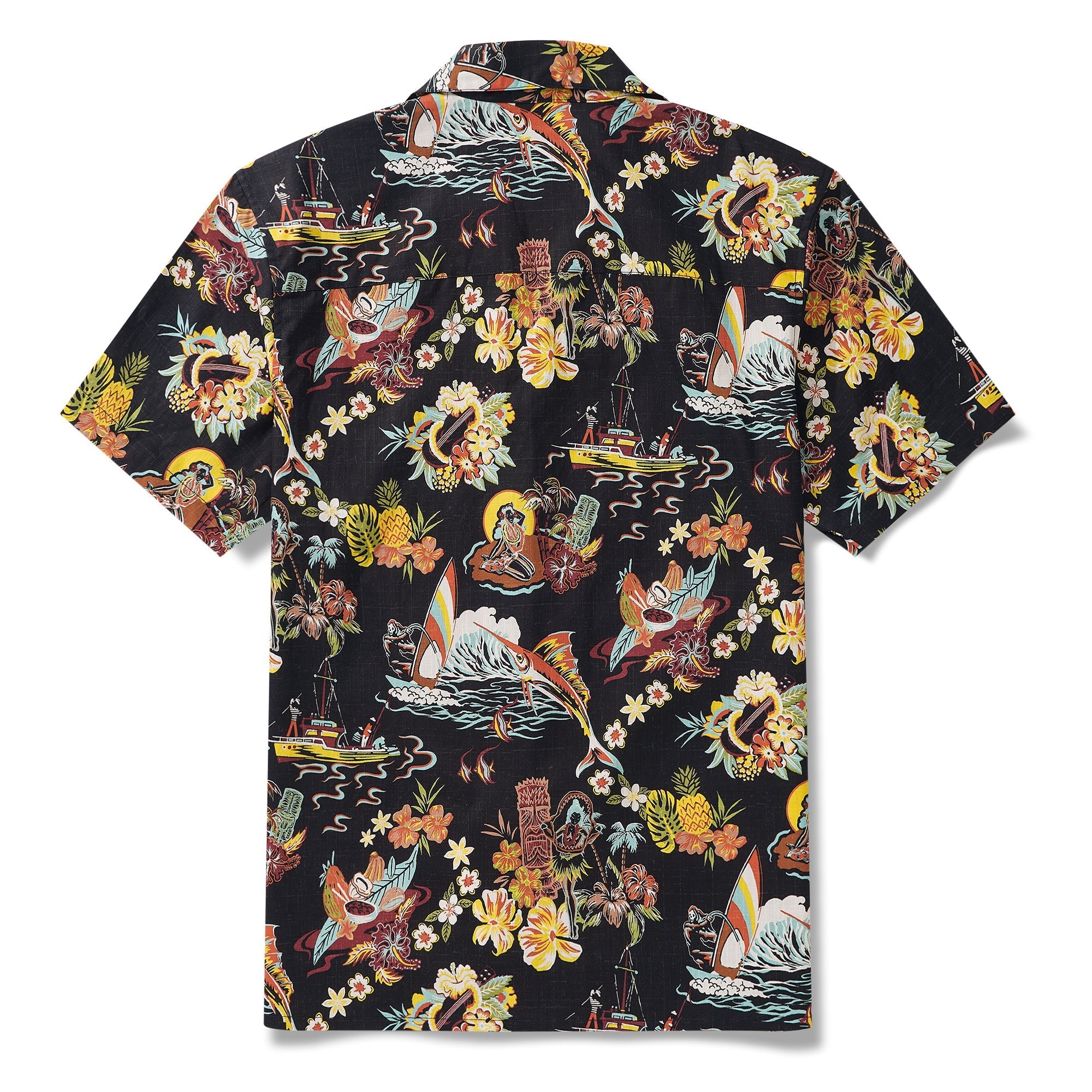 Tiki Men's Vintage Hawaiian Shirt Black Tiki Shirt Short Sleeve Camp Collar 100% Cotton Aloha Shirt Vintage Aloha By Sun
