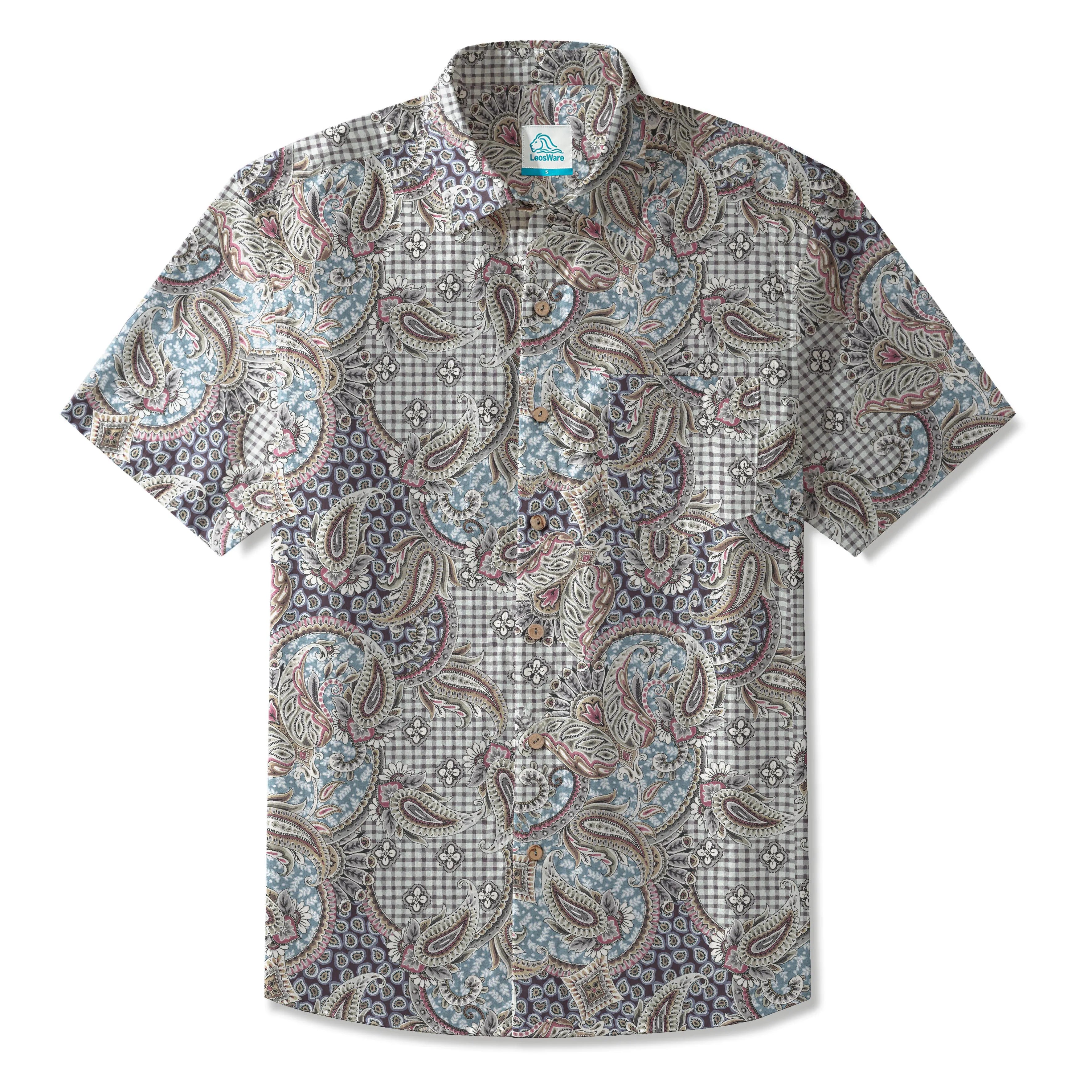 LeosWare® Men's Hawaiian Shirt Short Sleeve Button-up 100% Cotton Blue Aloha Elegant Retro Paisley By Huan huan