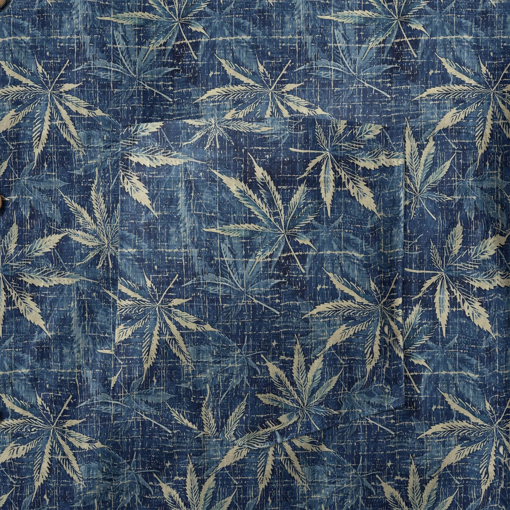 LeosWare® Men's Leaf Hawaiian Shirt Short Sleeve Button-up 100% Cotton Blue Aloha Indigo Blue Linen Leaf Pattern By Ann