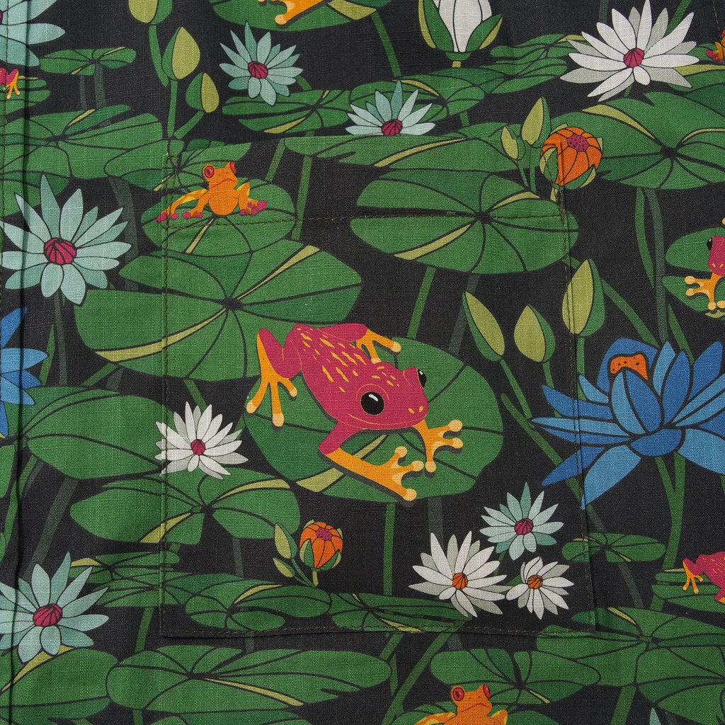 Men's Hawaiian Shirt Short Sleeve Button-down 100% Cotton Green Water Lily Aloha Happy Frogs By Diane Gosselin