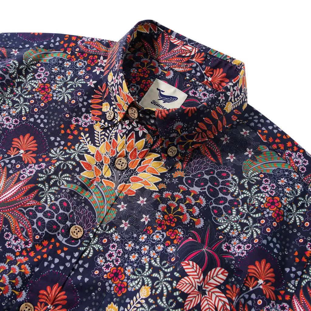 1950s Tropical Hawaiian Shirt For Men Print Short Sleeve 100% Cotton Red Shirt Aloha Quirky Plants By Sylvia