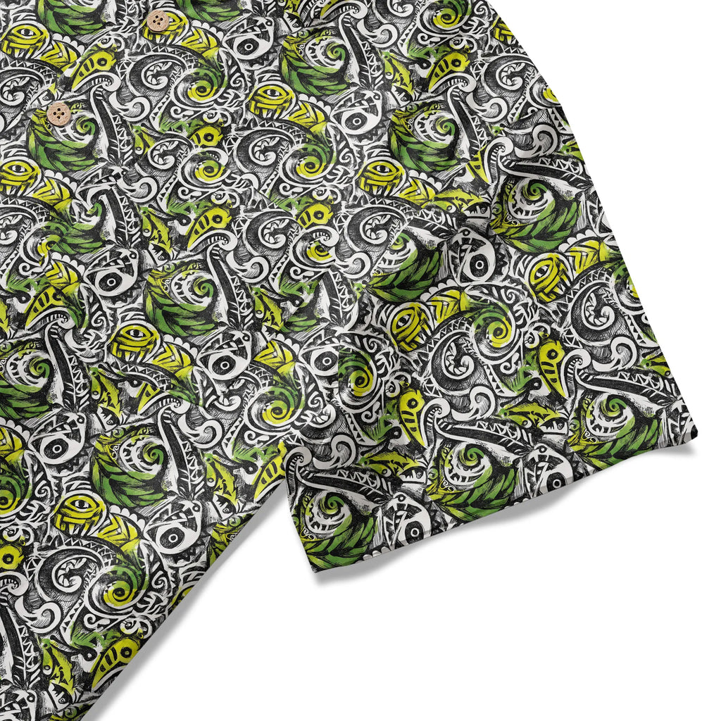 LeosWare® Men's Hawaiian Shirt Short Sleeve Button-up 100% Cotton Black Aloha Polynesian Totem By Ann
