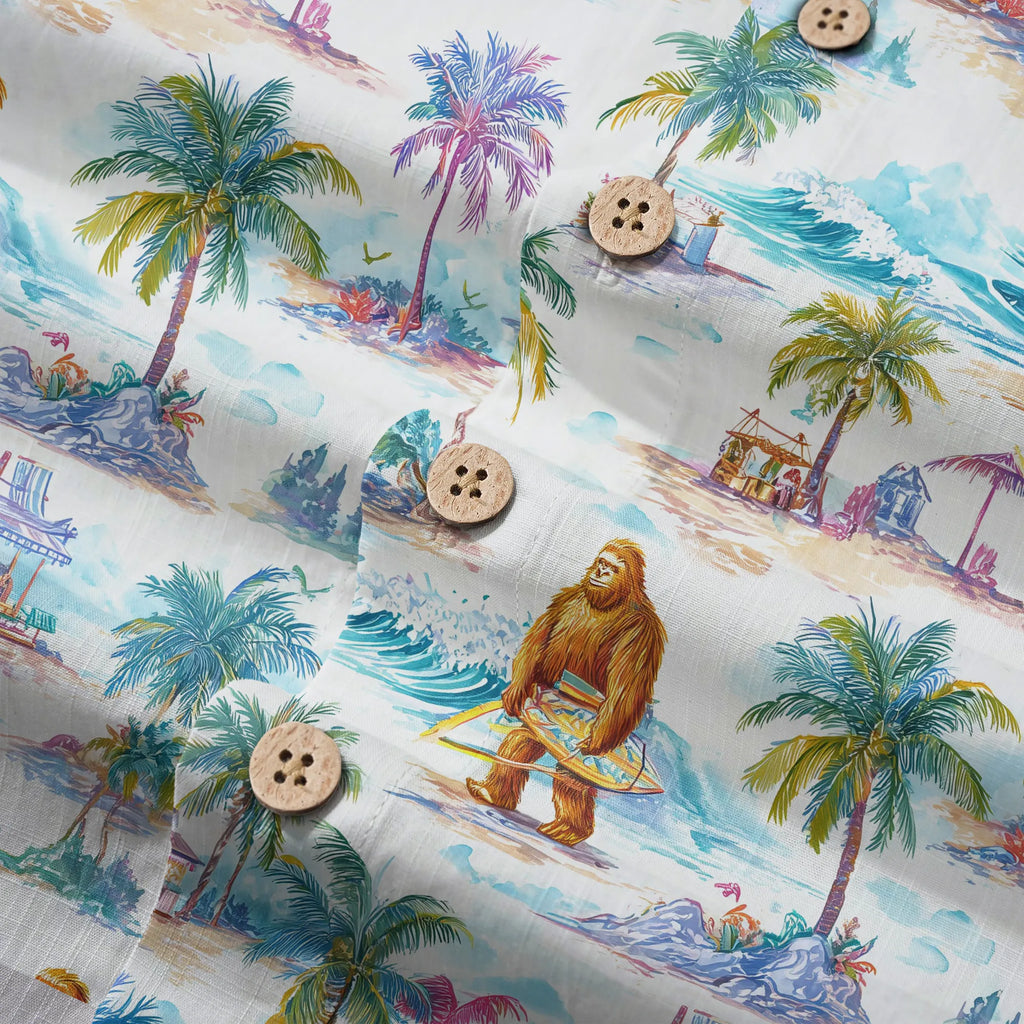 LeosWare® Men's Hawaiian Shirt Short Sleeve Button-up 100% Cotton White Aloha Surfing Vacation Of Bigfoot By Ann