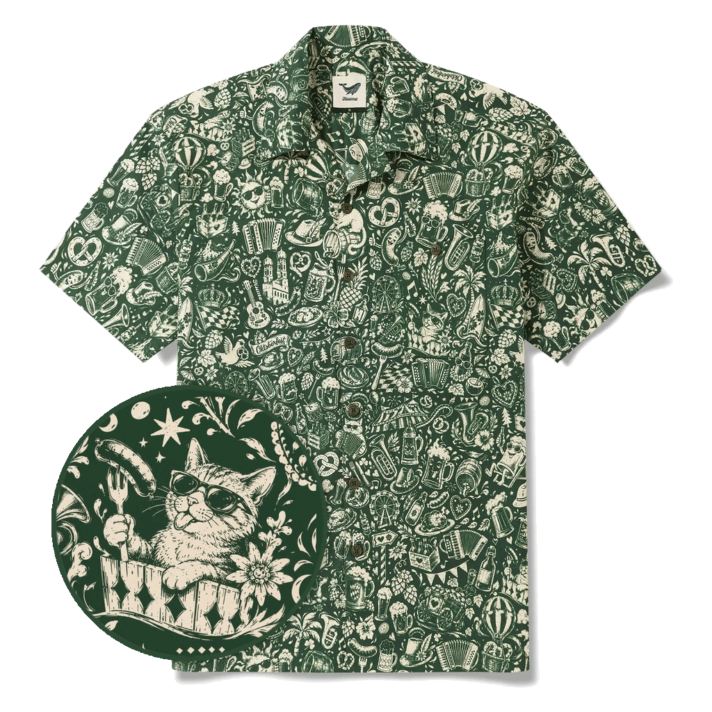 Men's Hawaiian Shirt Short Sleeve Camp Collar 100% Cotton Green Aloha Vintage Beer Festival Cheer - Green By Cigar