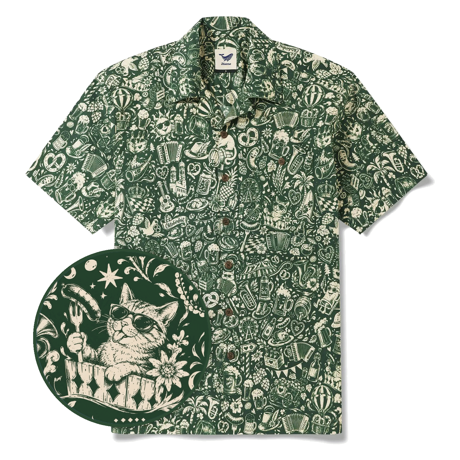 Men's Hawaiian Shirt Short Sleeve Camp Collar 100% Cotton Green Aloha Vintage Beer Festival Cheer - Green By Cigar