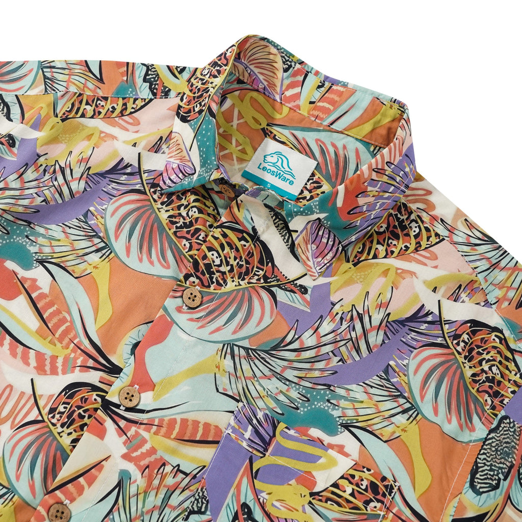 LeosWare® Men's Hawaiian Shirt Short Sleeve Button-up 100% Cotton Brown Aloha Tropical Plant Fusion Art Print By Ethan