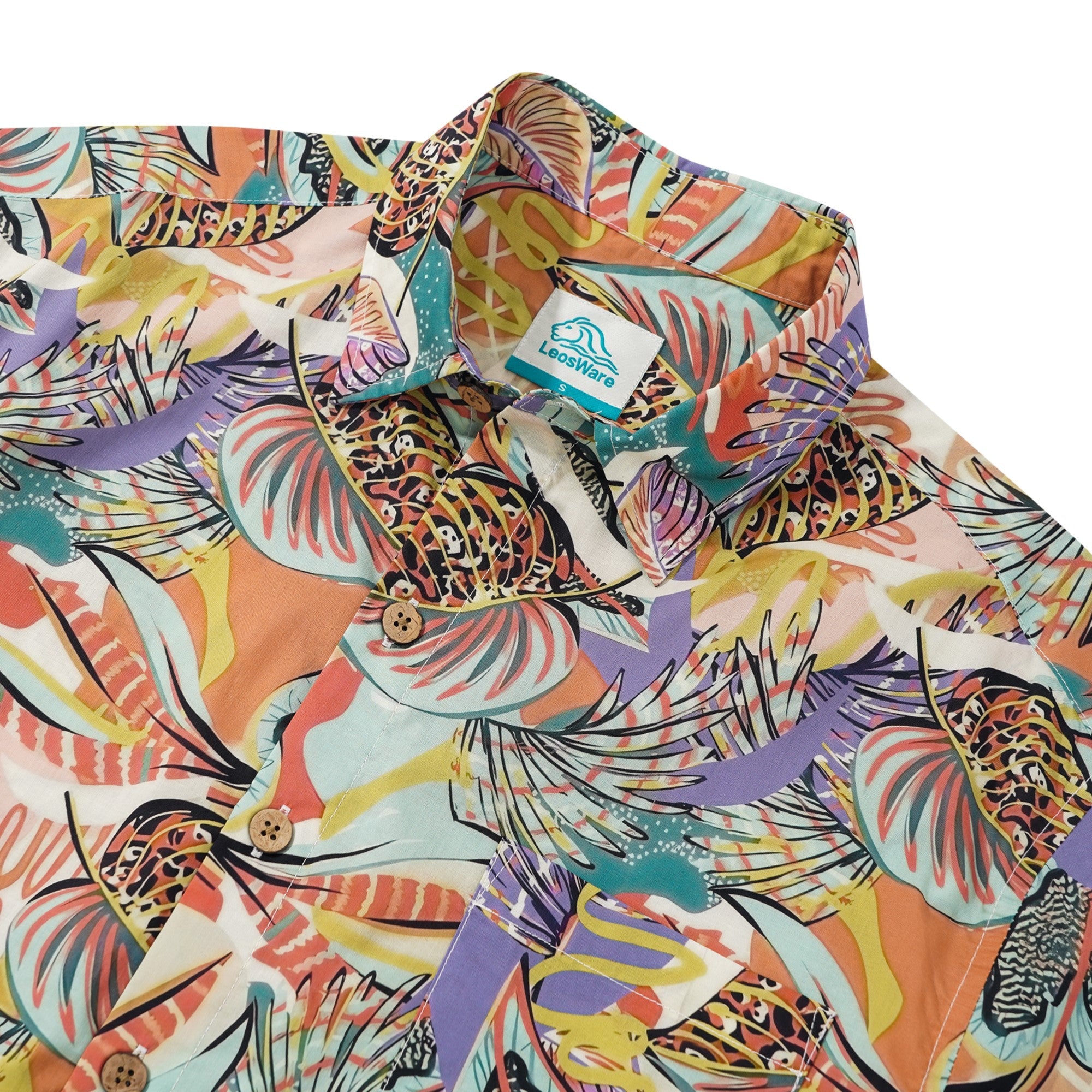 LeosWare® Men's Hawaiian Shirt Short Sleeve Button-up 100% Cotton Brown Aloha Tropical Plant Fusion Art Print By Ethan