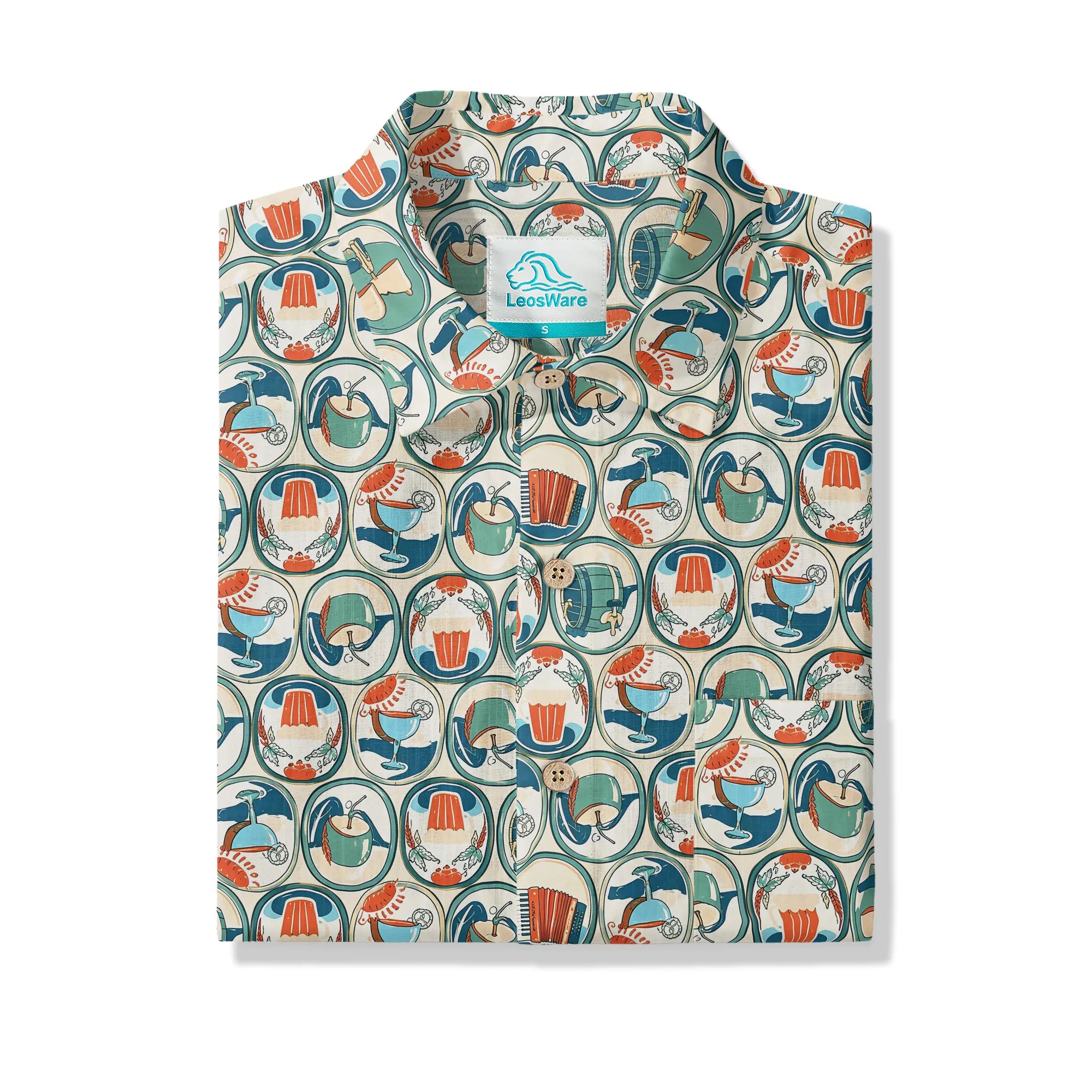 LeosWare® Men's Hawaiian Shirt Short Sleeve Button-up 100% Cotton Aloha Beer Festival Oval Motif By Ann