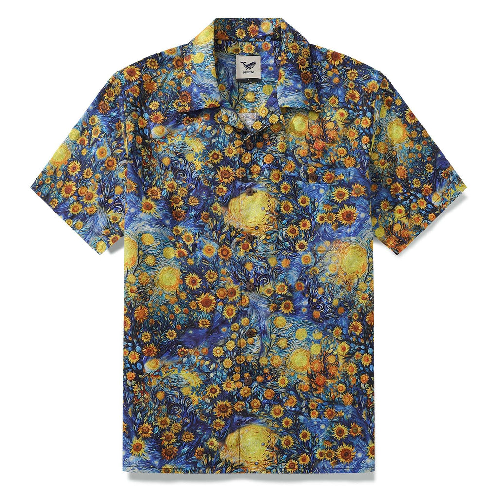 Chemise hawaïenne vintage des années 1960 pour homme Chemise Tournesol Van Gogh 100 % coton Chemise à col camp par Yakima