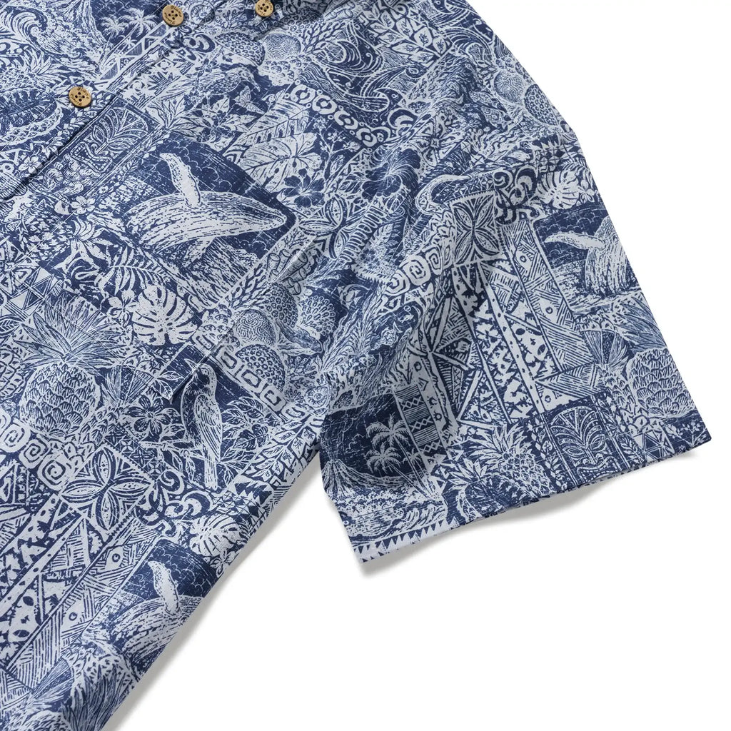 Men's Hawaiian Shirt Short Sleeve Button-down 100% Cotton Blue Aloha Tiki Isle Archive - Navy Blue By Cigar