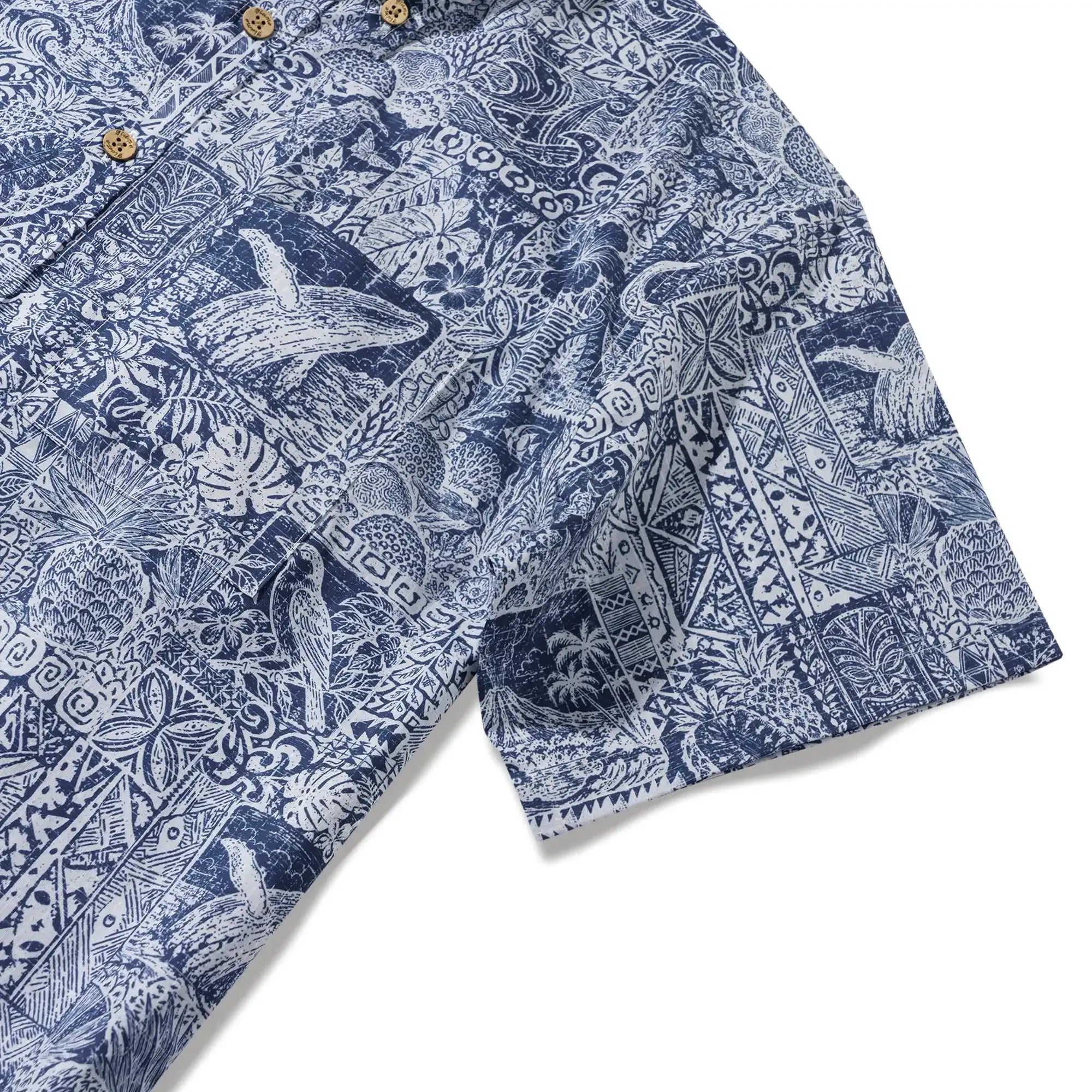 Men's Hawaiian Shirt Short Sleeve Button-down 100% Cotton Blue Aloha Tiki Isle Archive - Navy Blue By Cigar
