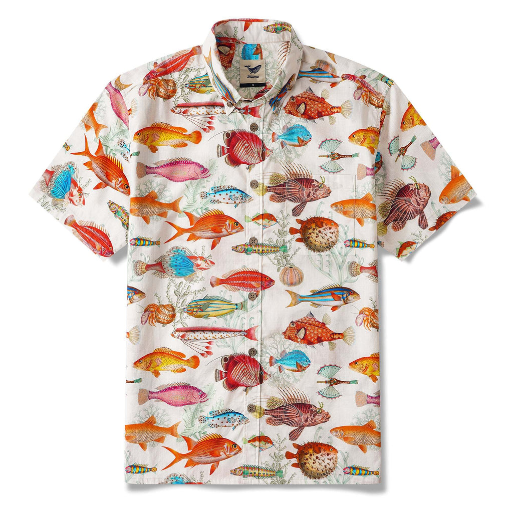 Yiume Men's Tropical Fish Shirt 100% Cotton Hawaiian Shirt Short Sleeve Button-down Beige Aloha Shirt Symphony Of The Sea By Yana