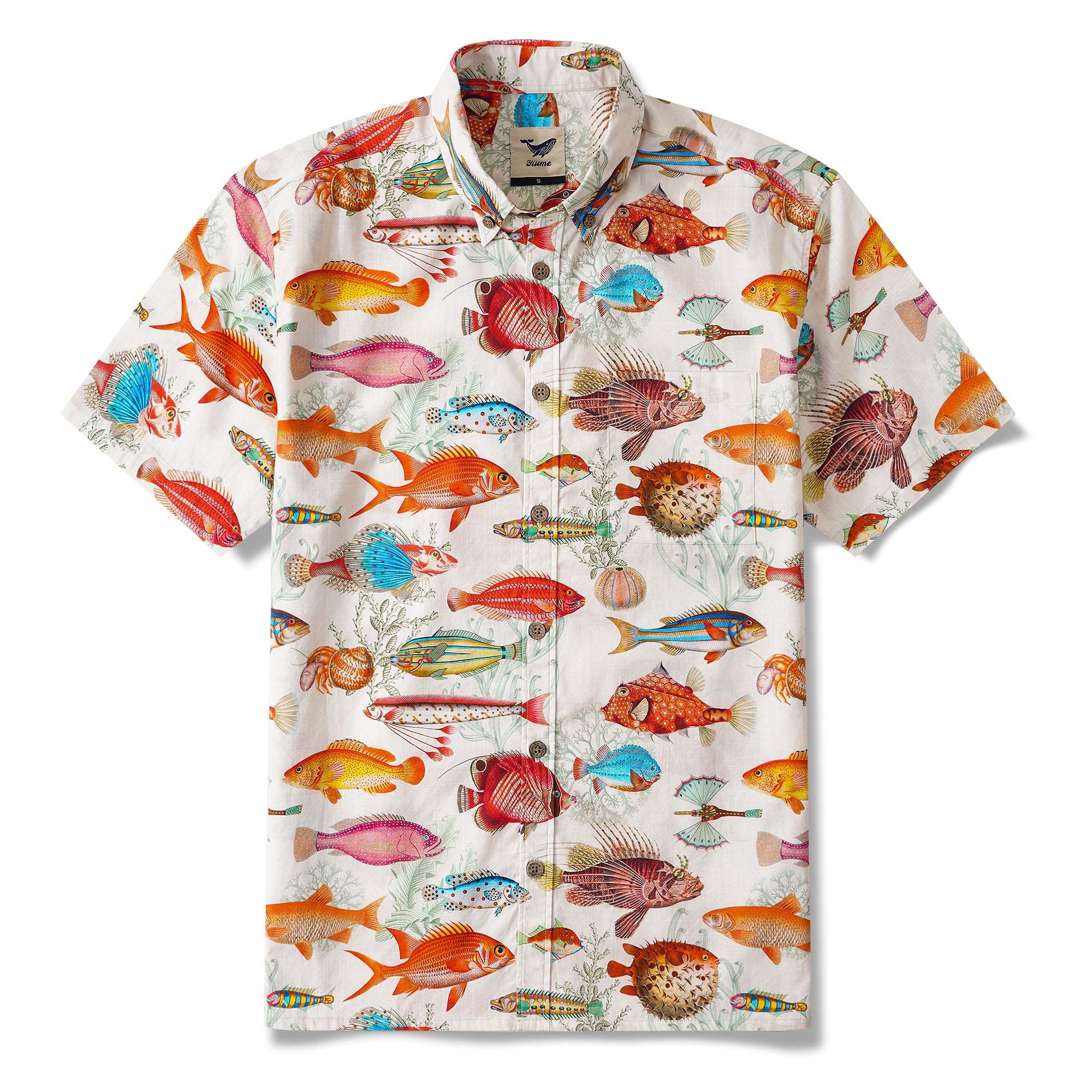 Yiume Men's Tropical Fish Shirt 100% Cotton Hawaiian Shirt Short Sleeve Button-down Beige Aloha Shirt Symphony Of The Sea By Yana