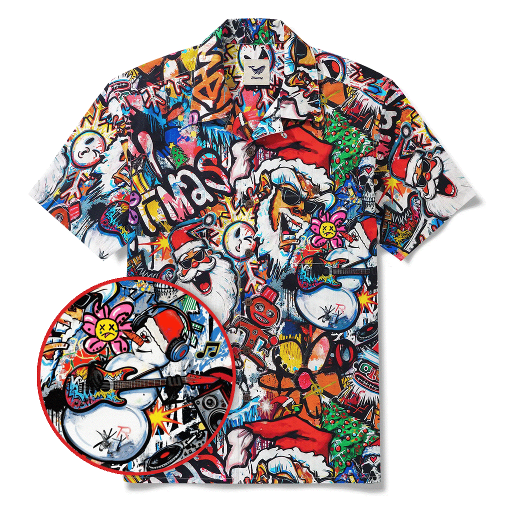 Christmas Gift Men's Hawaiian Shirt Short Sleeve Camp Collar 100% Cotton White Aloha Laughing Santa Xmas Fiesta By Huan huan