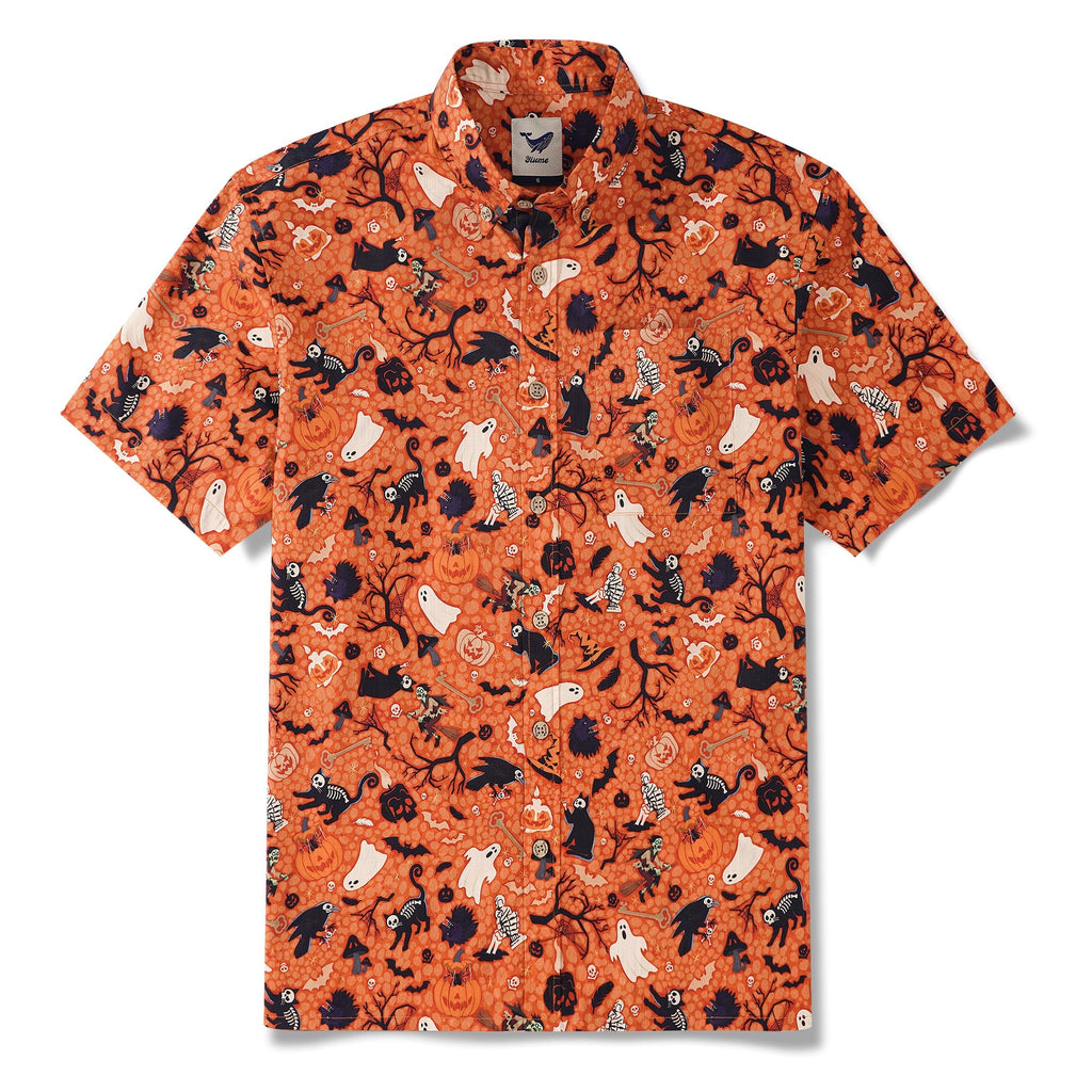 Halloween Gift Hawaiian Shirt For Men Orange Short Sleeve Button-down 100% Cotton Orange Aloha Shirt By Zeke