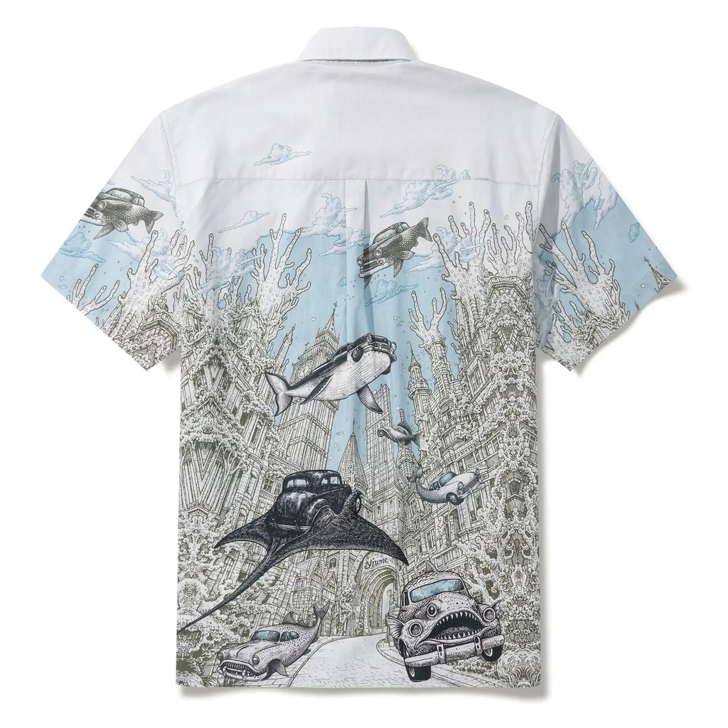 Men's Hawaiian Shirt Short Sleeve Button-down 100% Cotton Blue Aloha Atlantis Coral Cruisers By Cigar