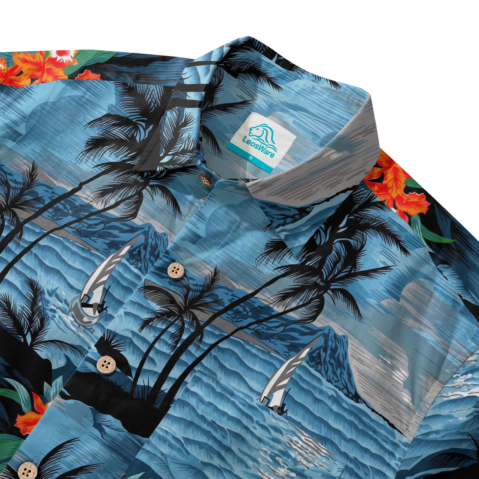 LeosWare® Men's Hawaiian Shirt Short Sleeve Button-up 100% Cotton Blue Aloha Blue-tinged Island Moonlit Night By Ann
