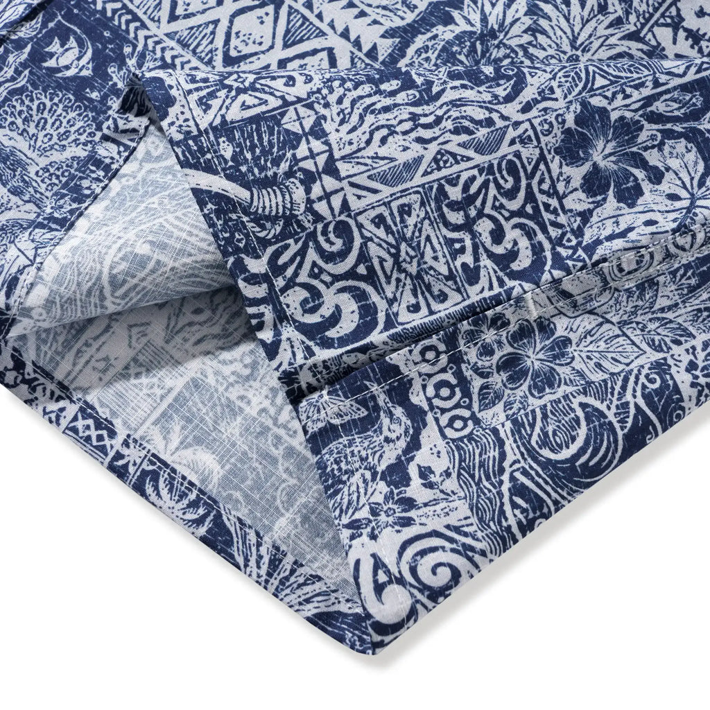 Men's Hawaiian Shirt Short Sleeve Button-down 100% Cotton Blue Aloha Tiki Isle Archive - Navy Blue By Cigar