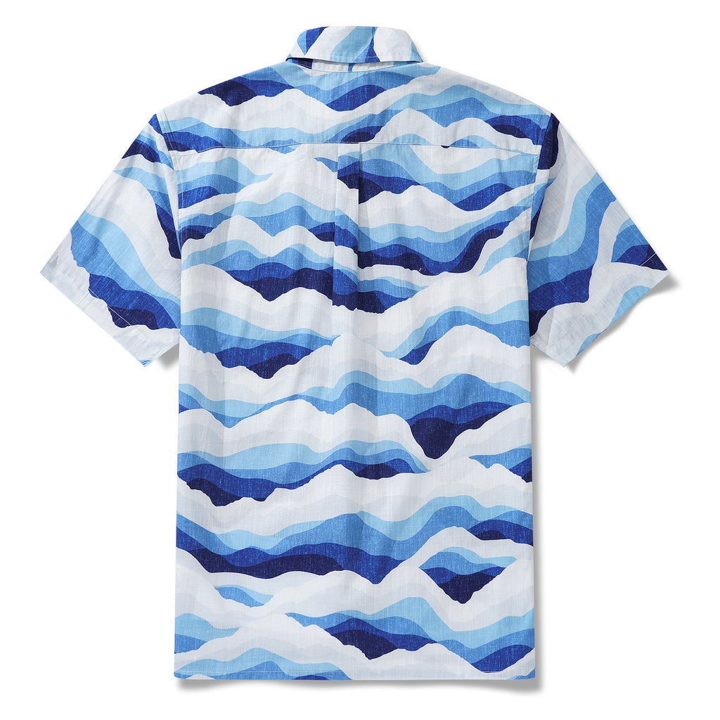 Men's Hawaiian Shirt Short Sleeve Button-down 100% Cotton Blue Aloha Mountain and Sea By Patch
