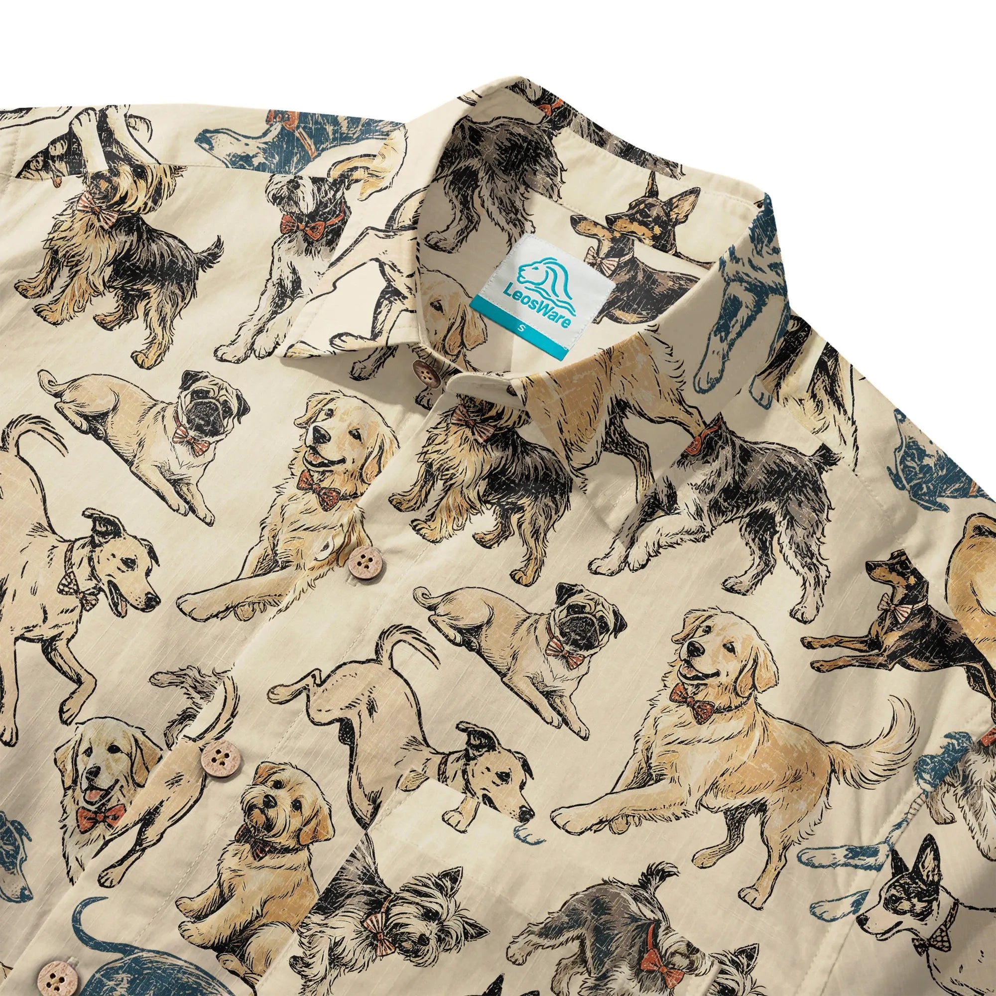 LeosWare® Dog Men's Hawaiian Shirt Short Sleeve Button-up 100% Cotton Yellow Aloha Dog Bow Tie Set By Huan huan