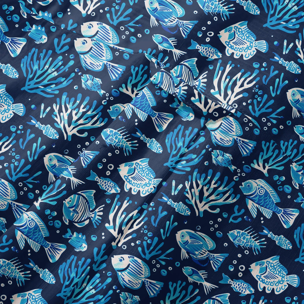 LeosWare® Men's Hawaiian Shirt Short Sleeve Button-up 100% Cotton Blue Coral Aloha Deep Blue Fish Whisper By Ann